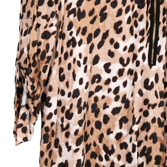 Calvin Klein Leopard Print Blouse Womens XL Roll Tab Sleeve Zipper Front Brown - Picture 4 of 6